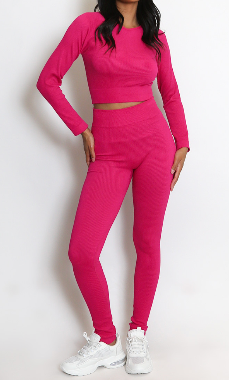 Pink Ribbed Long Sleeve Top and Legging Set